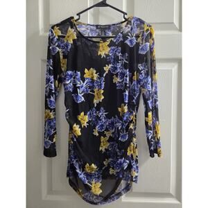 I.N.C. Black Floral Sheer Top With Built In Cami 3/4 Sleeve Ruching Waist M